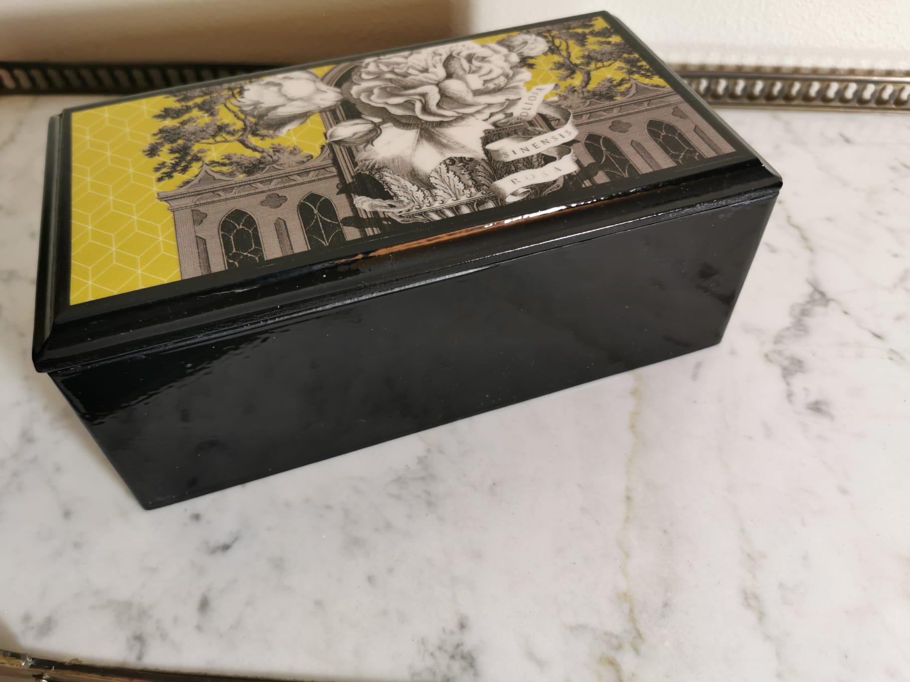 Contemporary Italian Black Lacquered and Printed Wooden Box