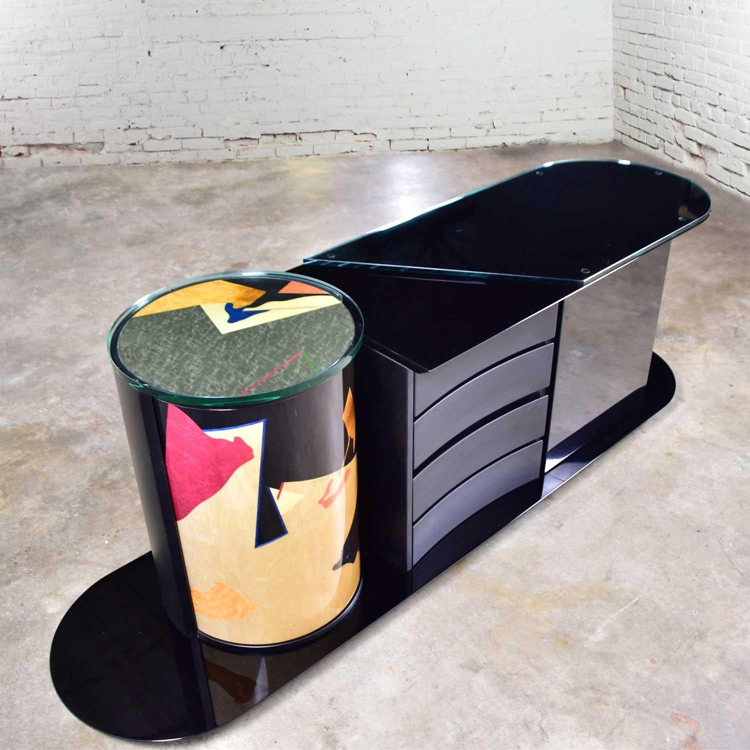 Italian Black Lacquered Buffet Credenza w/ Geometric Inlay by Pietro Costantini In Good Condition In Topeka, KS