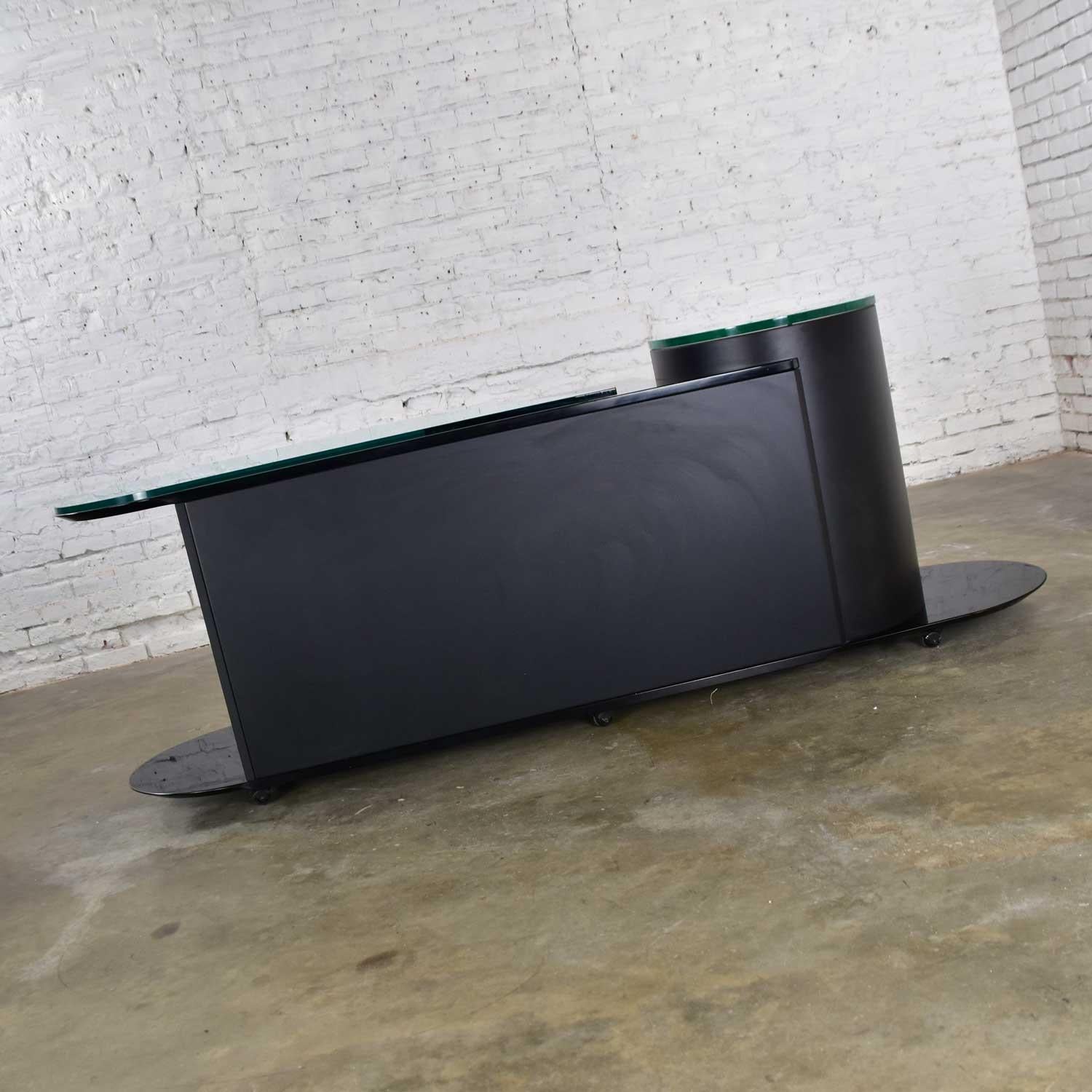 Glass Italian Black Lacquered Buffet Credenza w/ Geometric Inlay by Pietro Costantini