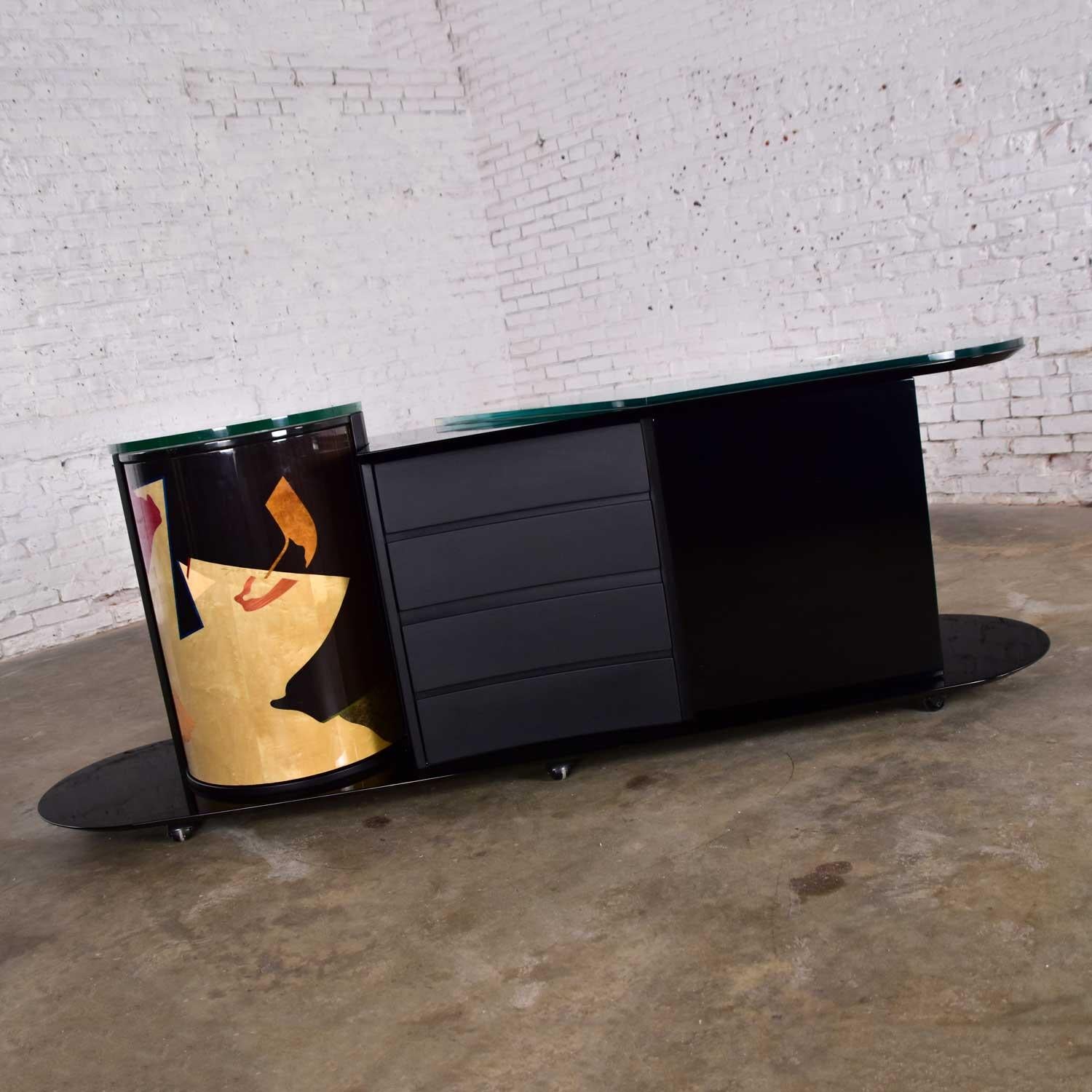 Italian Black Lacquered Buffet Credenza w/ Geometric Inlay by Pietro Costantini 2