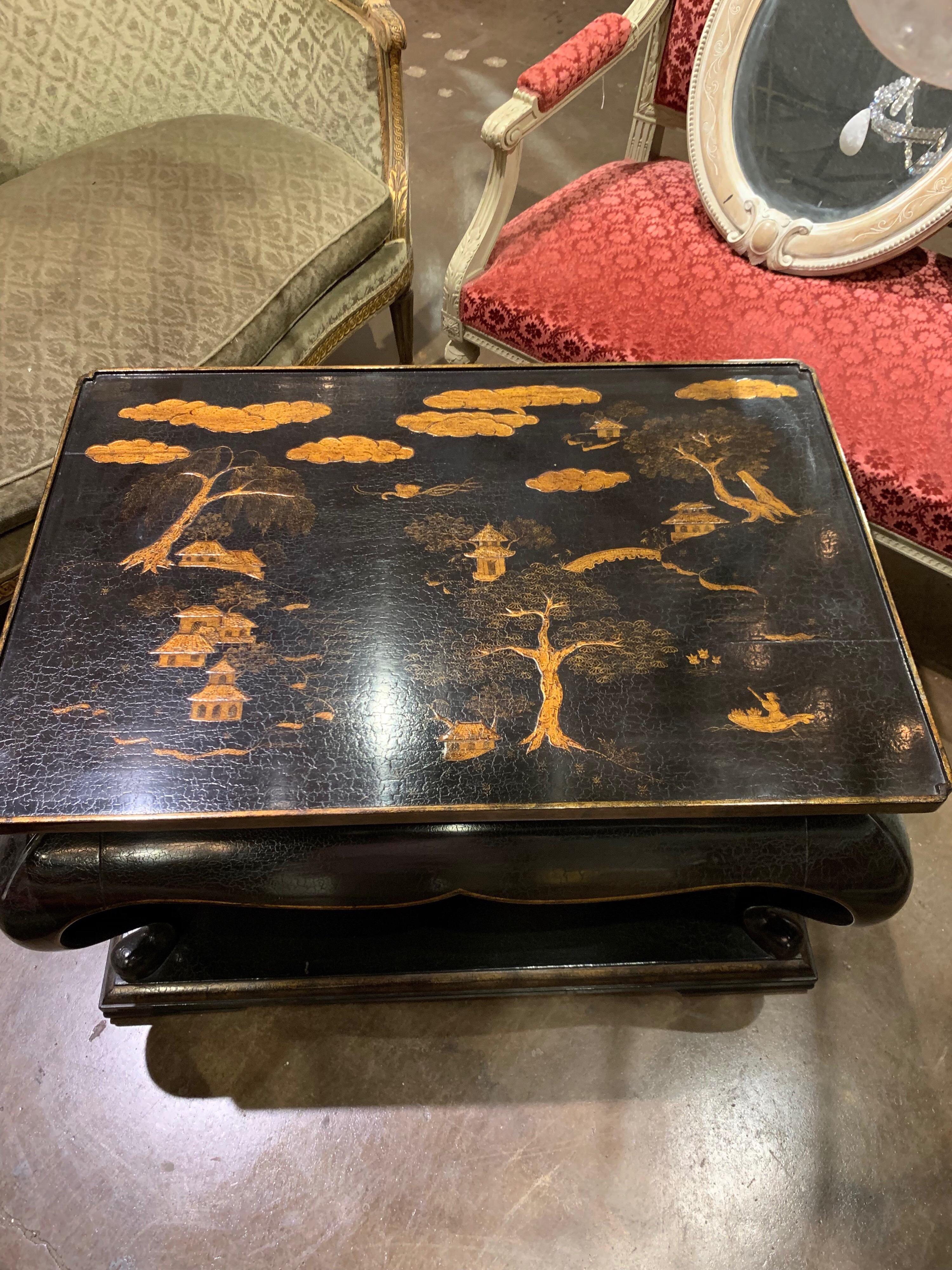 Italian Black Lacquered Chinoiserie Low Table In Good Condition In Dallas, TX