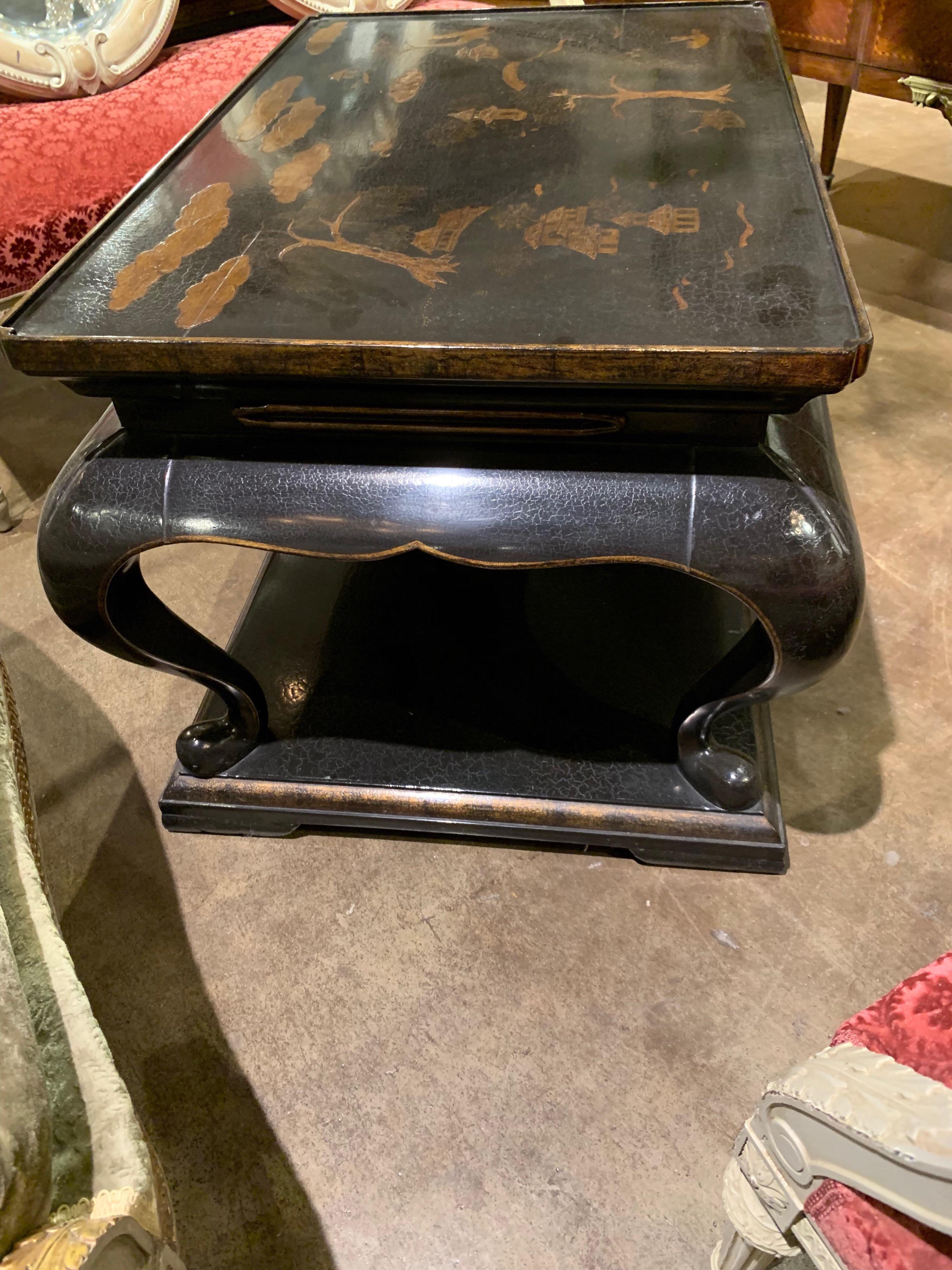 Wood Italian Black Lacquered Chinoiserie Low Table