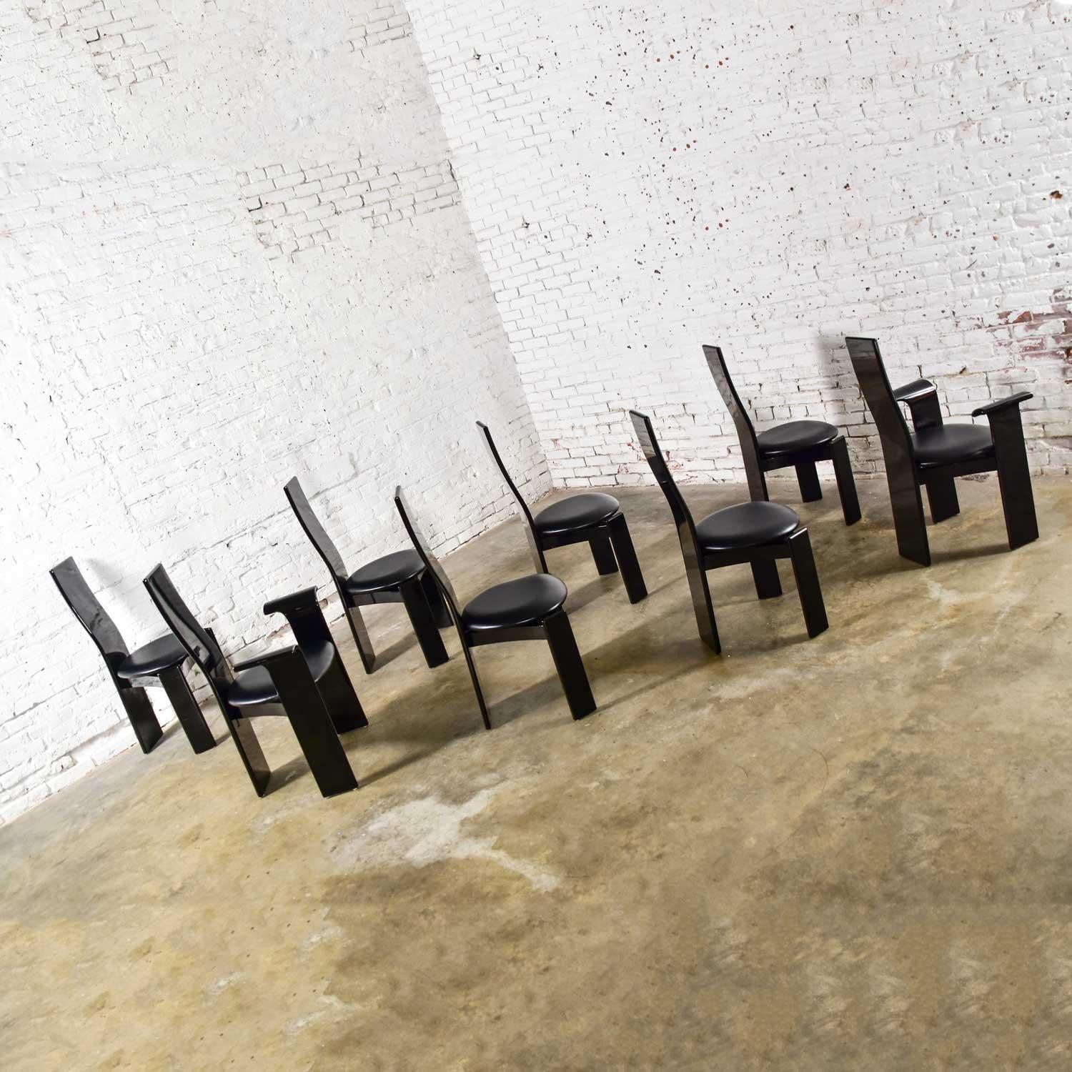 Leather Italian Black Lacquered Dining Chairs Attributed to Pietro Costantini Set of 8
