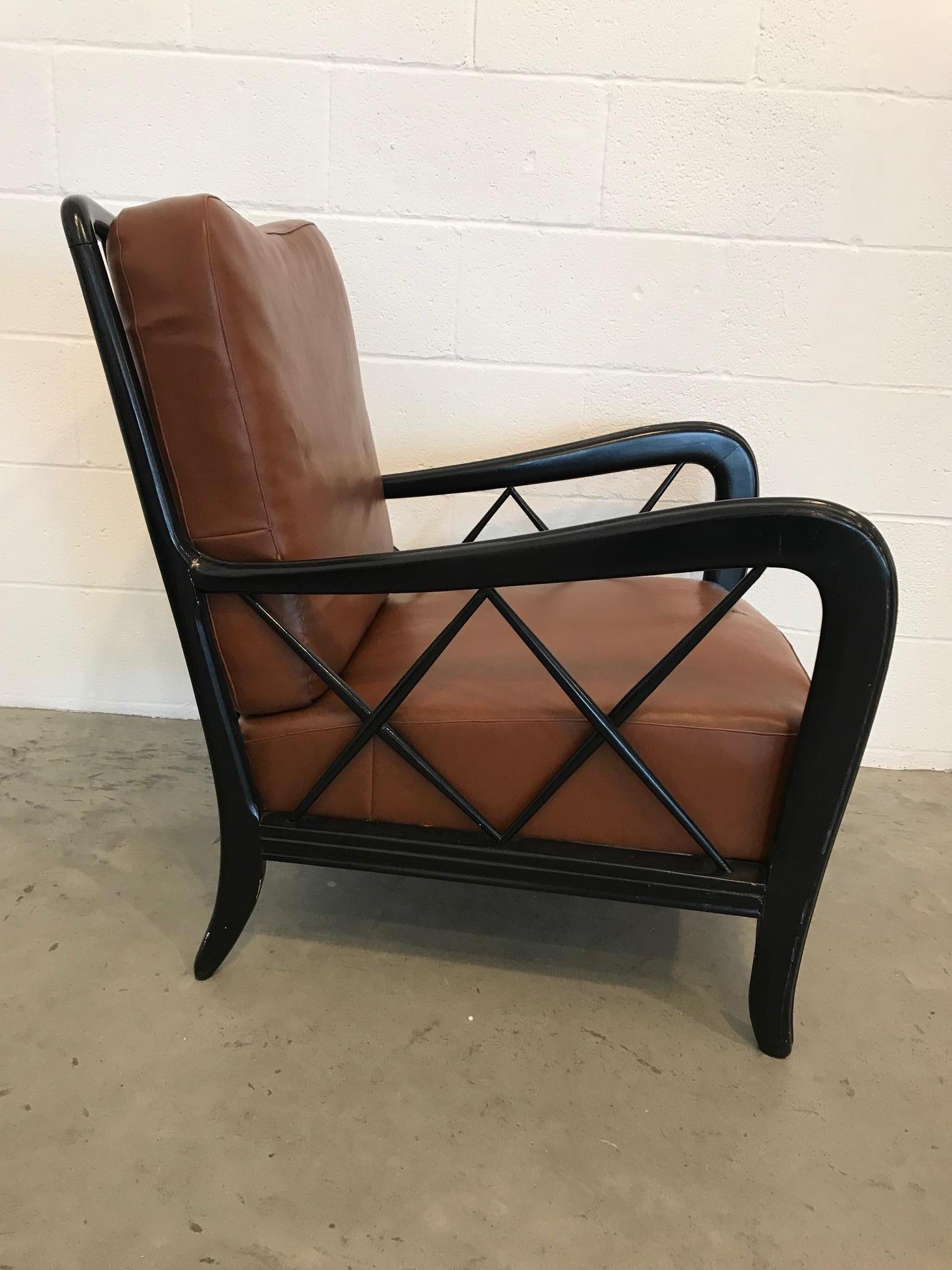 Painted Italian Black Lacquered Lounge Chairs with Leather Cushioning For Sale