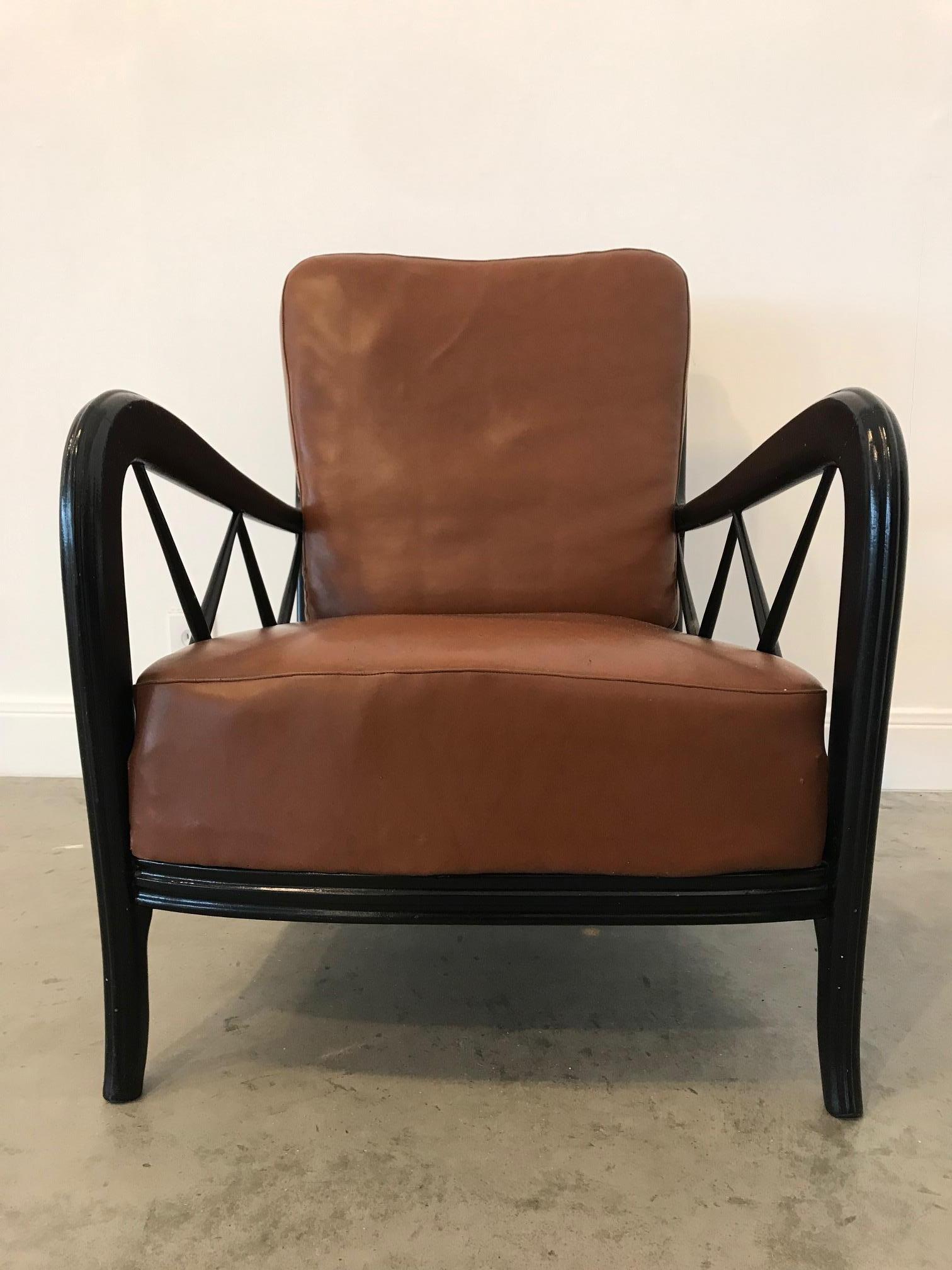 Italian Black Lacquered Lounge Chairs with Leather Cushioning In Good Condition For Sale In Dallas, TX