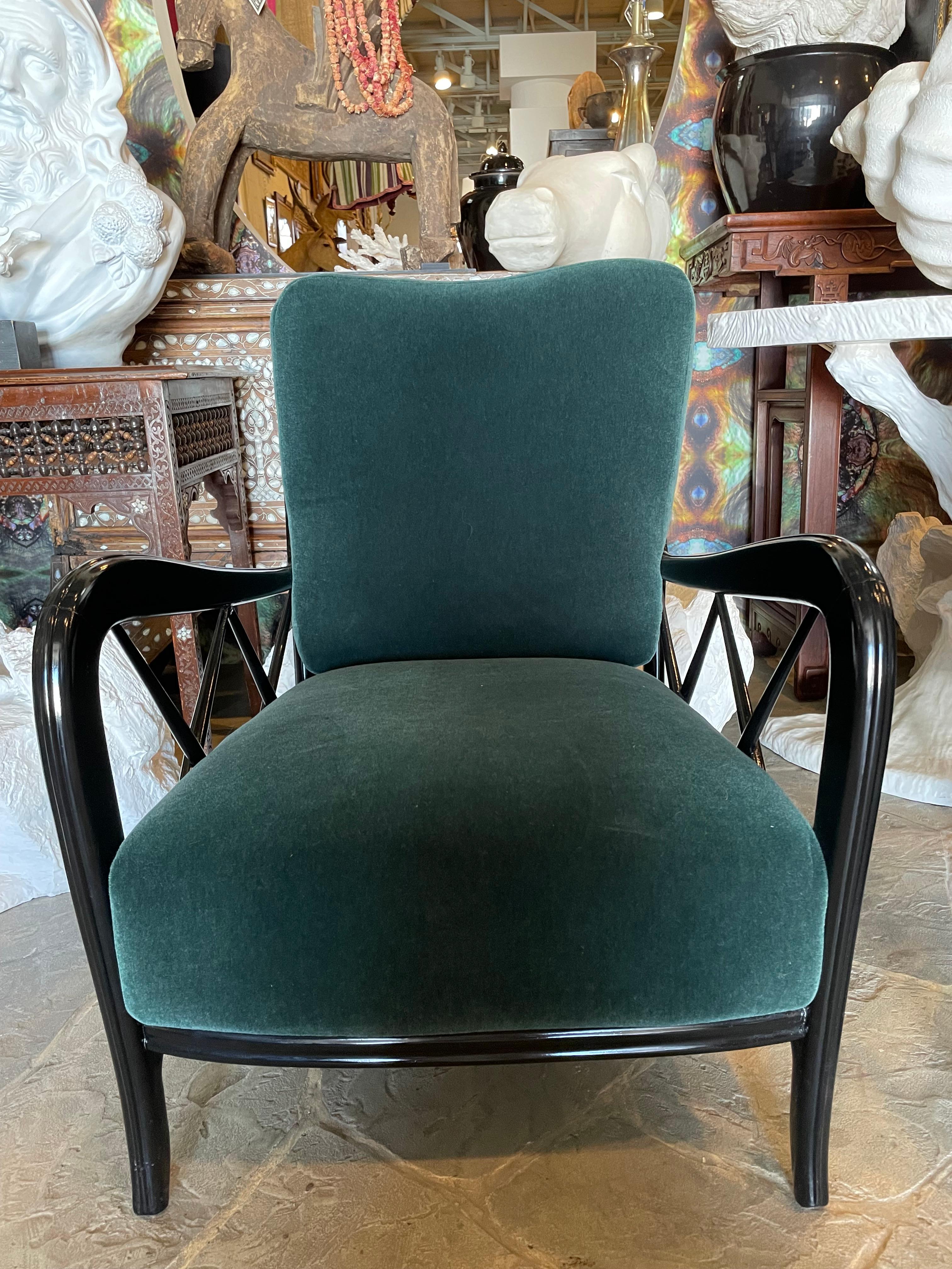 Italian Black Lacquered Lounge Chairs with Leather Cushioning In Good Condition For Sale In Dallas, TX