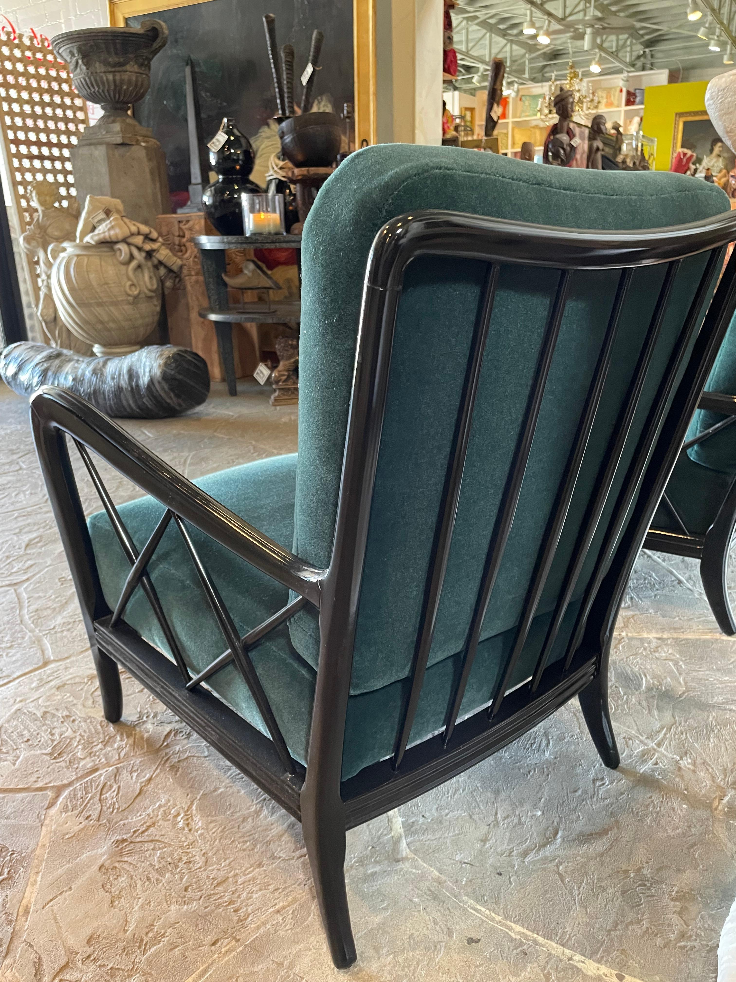 Mid-20th Century Italian Black Lacquered Lounge Chairs with Leather Cushioning For Sale