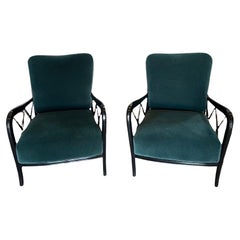 Italian Black Lacquered Lounge Chairs with Leather Cushioning