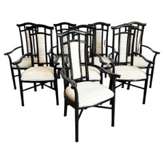 Italian Black Lacquered Sculpted Dining Arm Chairs - Set of 8