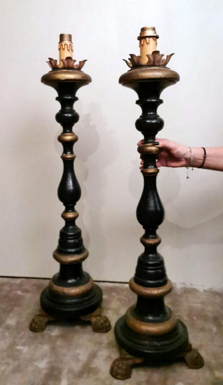 Italian Black Lacquered Wood and Burnished Gold Church Candlesticks 7