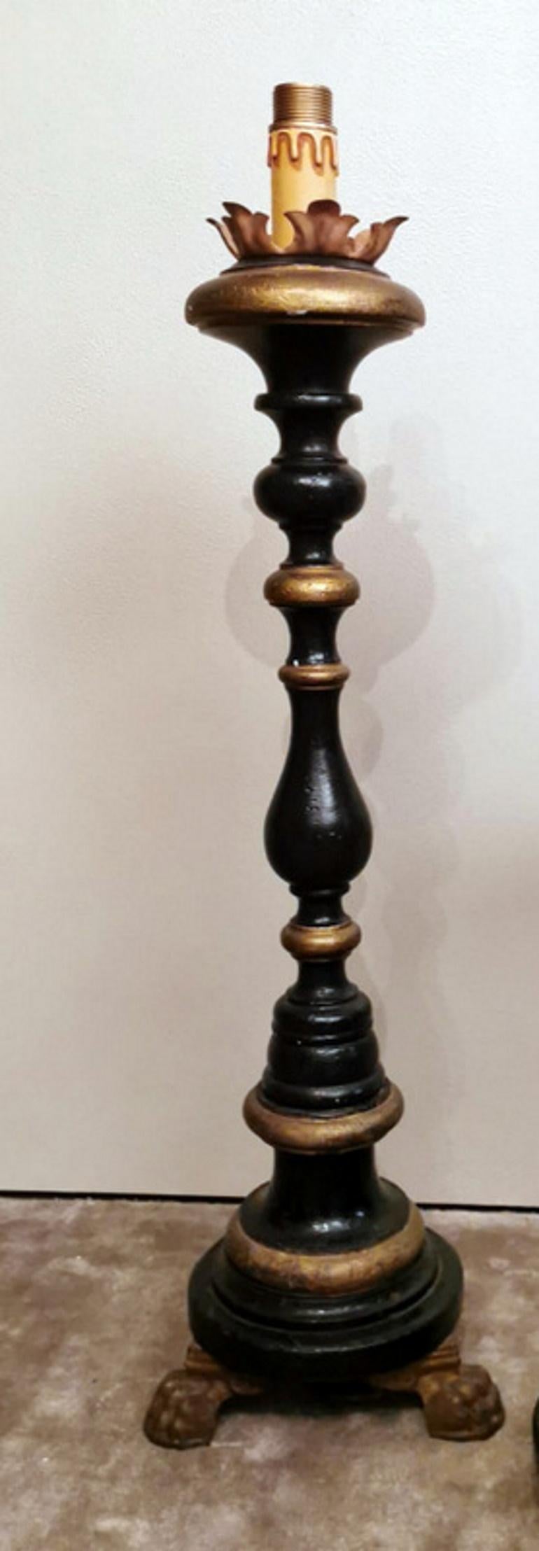 Louis Philippe Italian Black Lacquered Wood and Burnished Gold Church Candlesticks