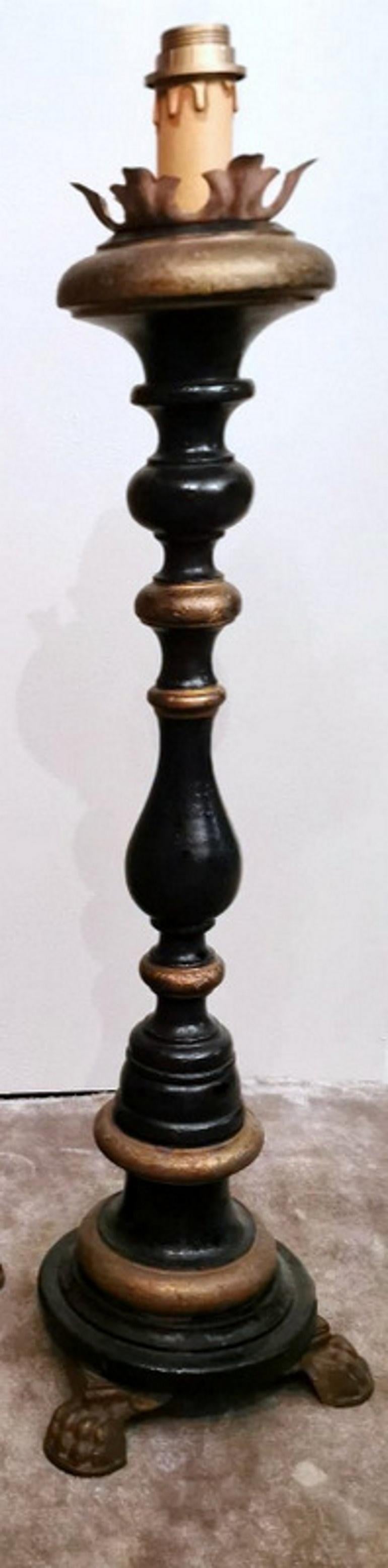 Forged Italian Black Lacquered Wood and Burnished Gold Church Candlesticks