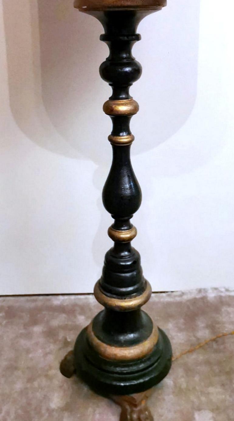 19th Century Italian Black Lacquered Wood and Burnished Gold Church Candlesticks