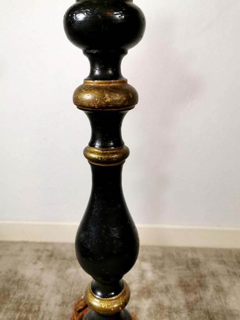 Bronze Italian Black Lacquered Wood and Burnished Gold Church Candlesticks