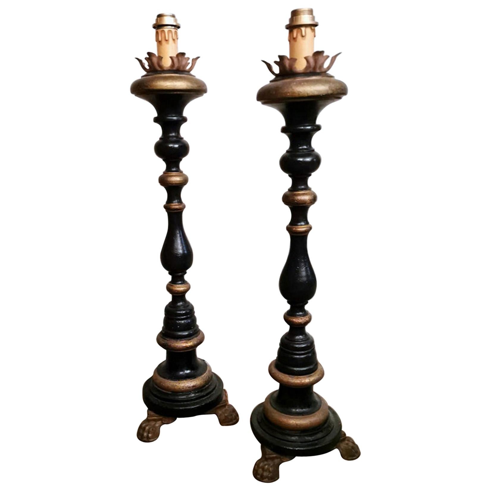 Italian Black Lacquered Wood and Burnished Gold Church Candlesticks