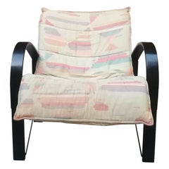 Italian Black Lacquered Wood and Colored Fabric Armchair, 1980s