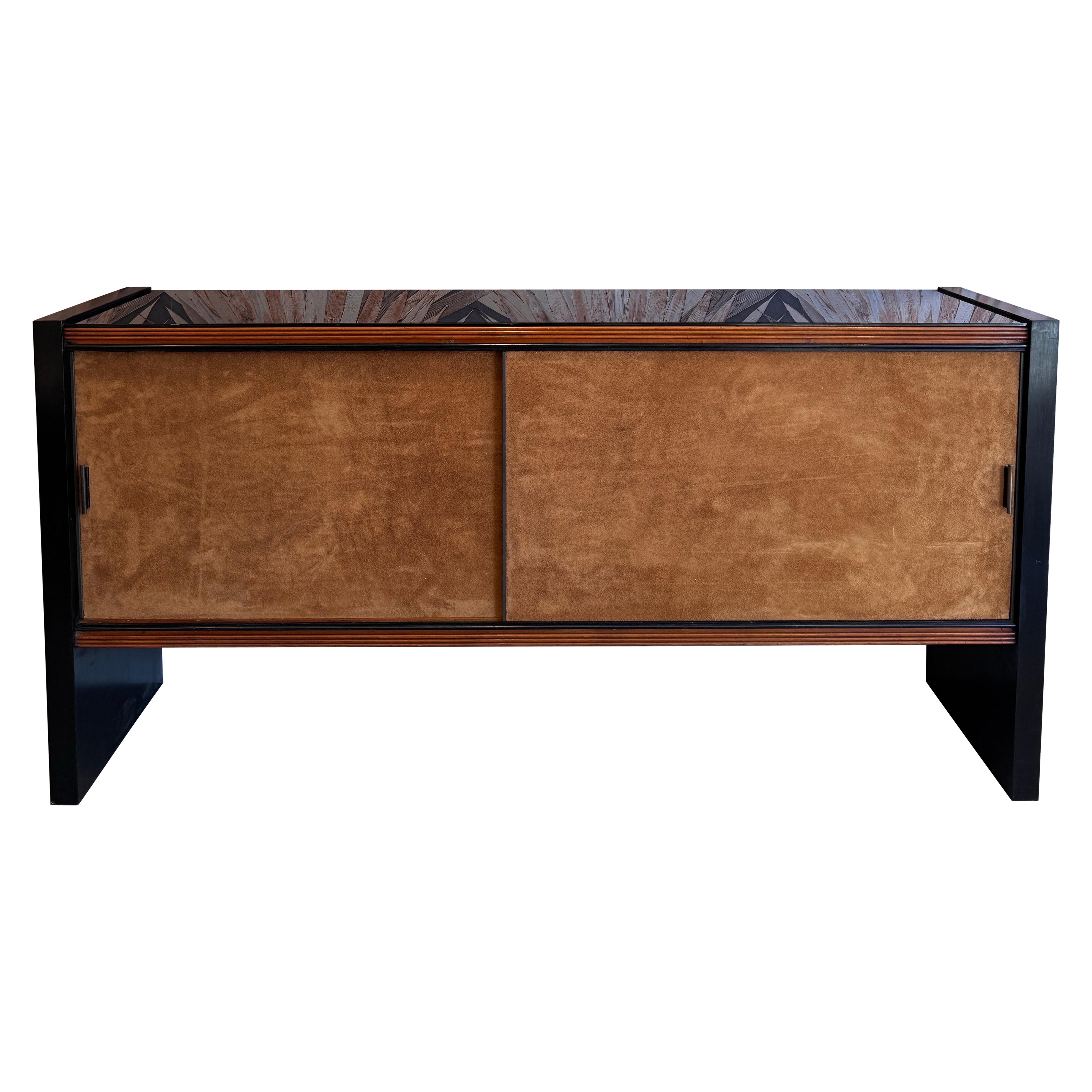 Italian black lacquered wood and suede fronted credenza