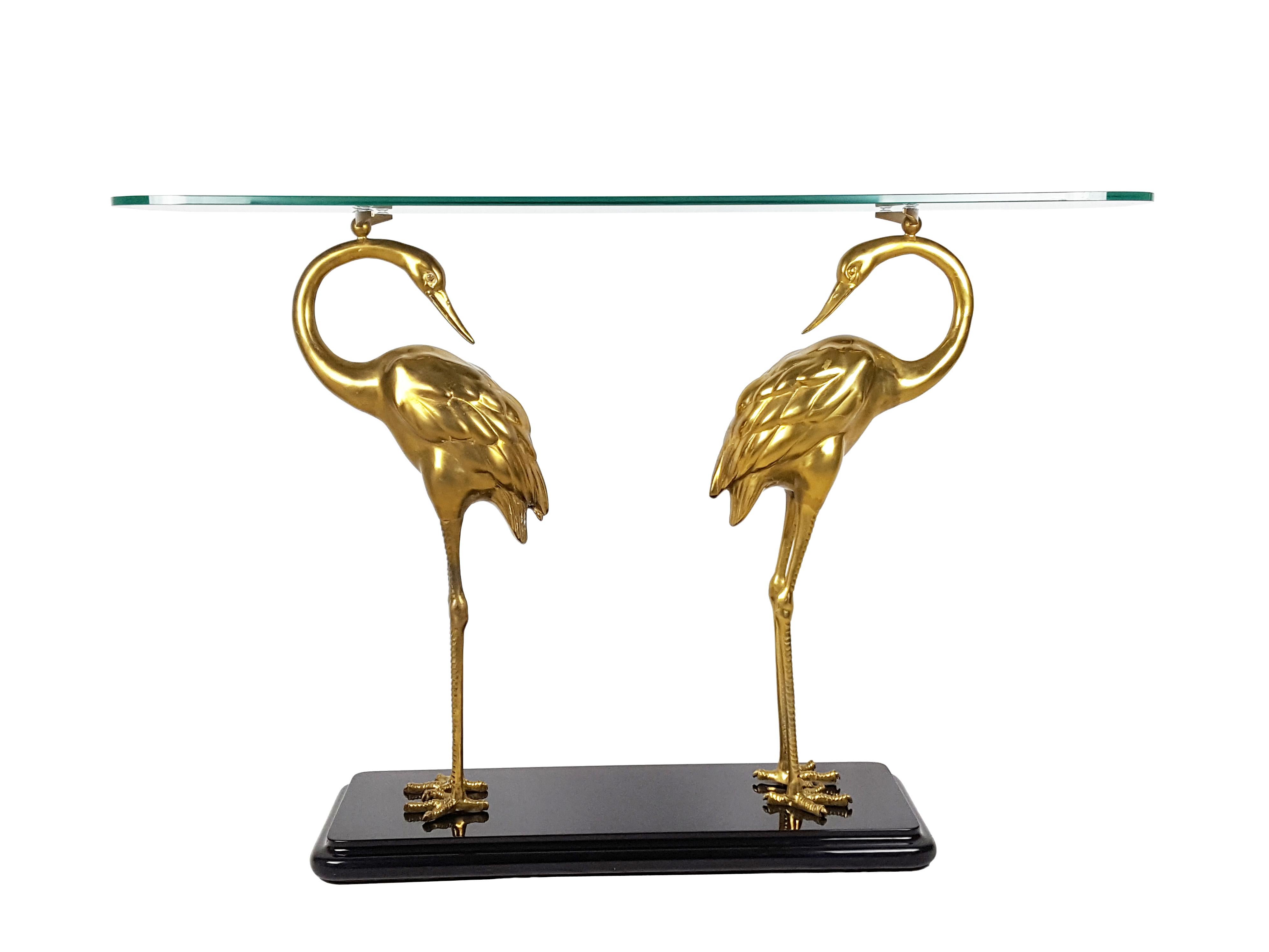 Italian Black Laquered Wood, Brass & Glass 1970s Console Table with Herons For Sale 5