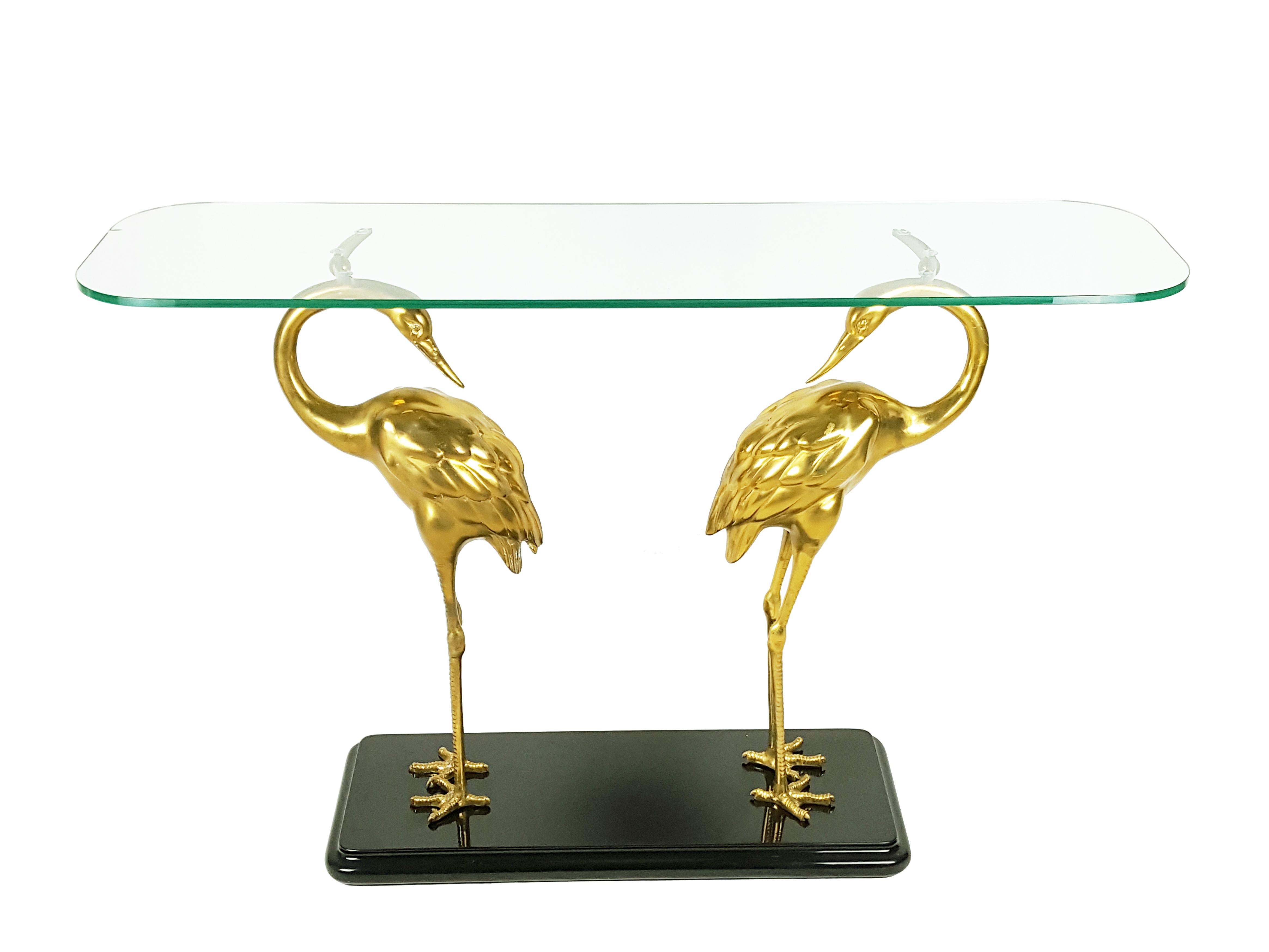 Italian Black Laquered Wood, Brass & Glass 1970s Console Table with Herons For Sale 9