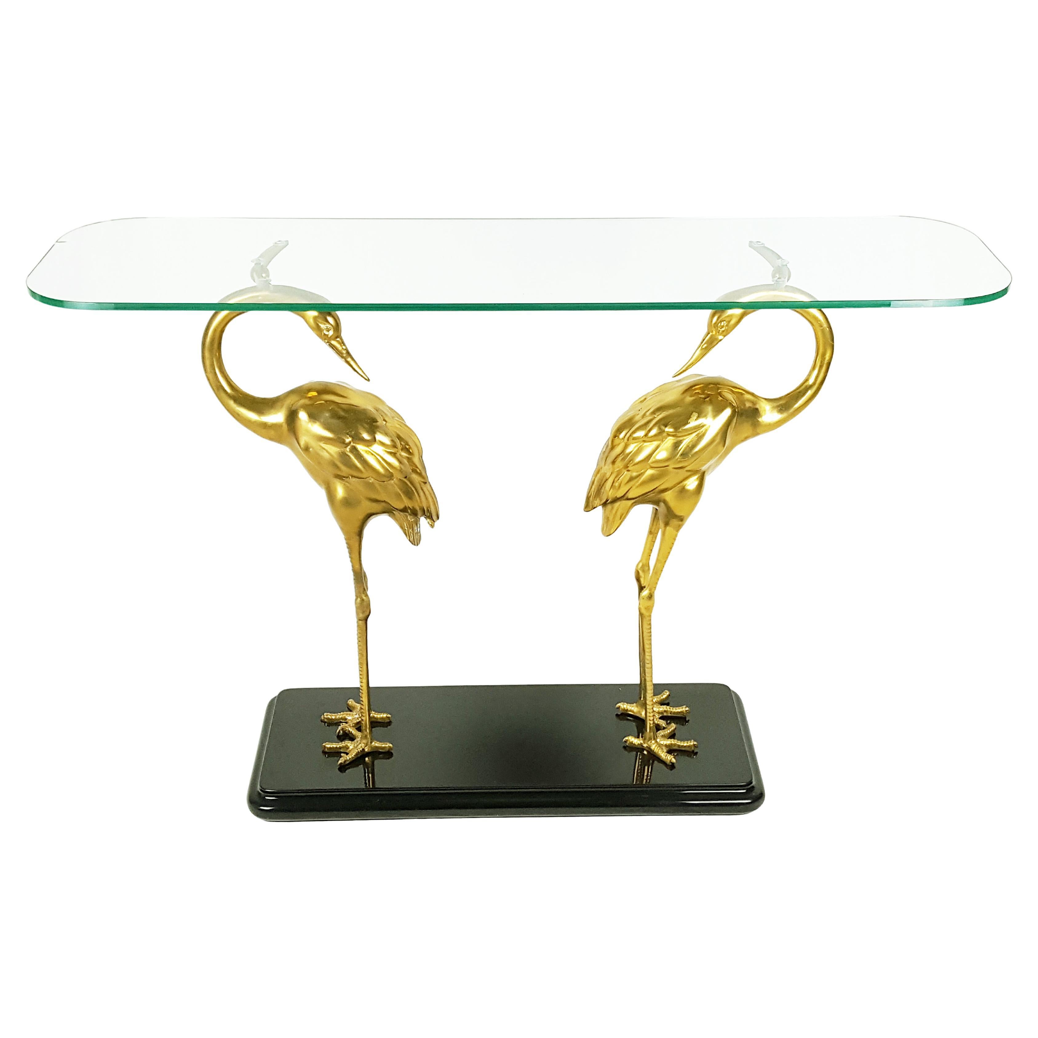 Italian Black Laquered Wood, Brass & Glass 1970s Console Table with Herons