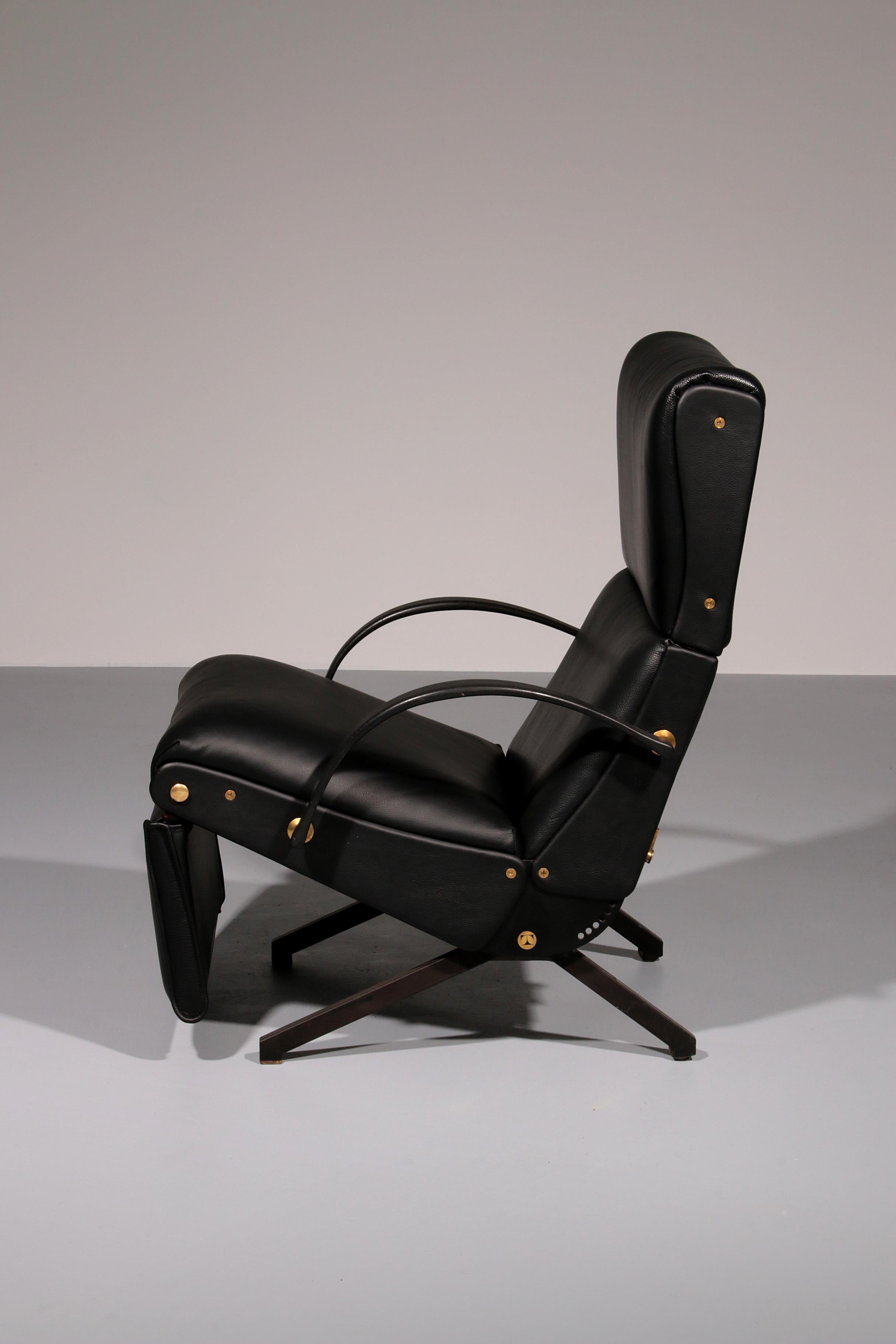 Metal Italian Black Leather Adjustable P40 Relax Chair by Osvaldo Borsani Tecno. For Sale