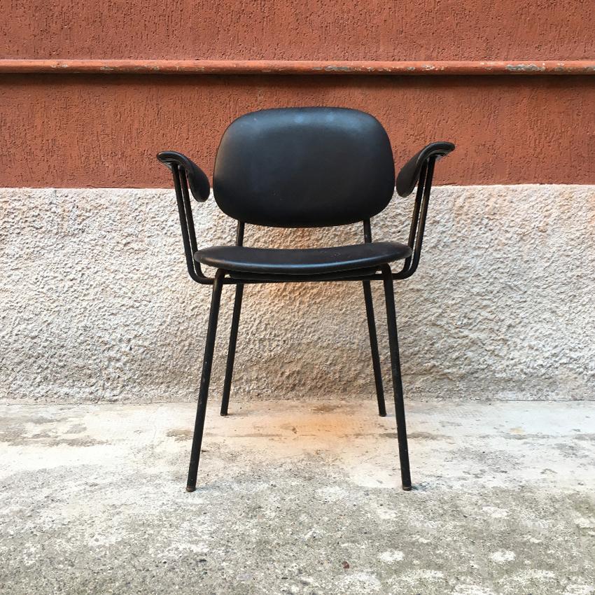 Italian black leather and black enameled metal armchair, 1960s. Beautiful armchair, with black enameled metal structure and black leather padding. Good general conditions.