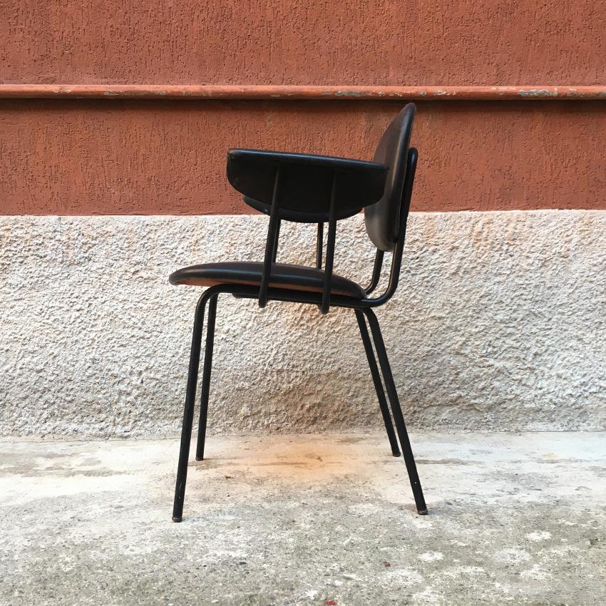 Mid-Century Modern Italian Black Leather and Black Enameled Metal Armchair, 1960s For Sale