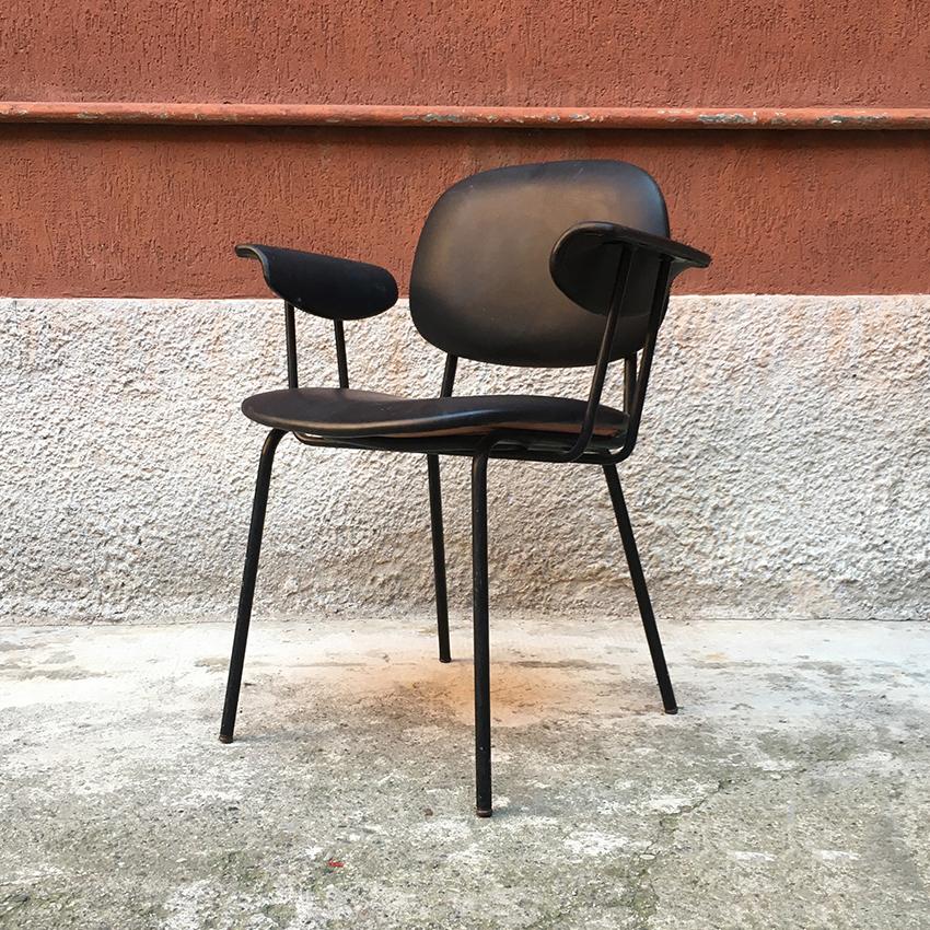 Italian Black Leather and Black Enameled Metal Armchair, 1960s For Sale 1