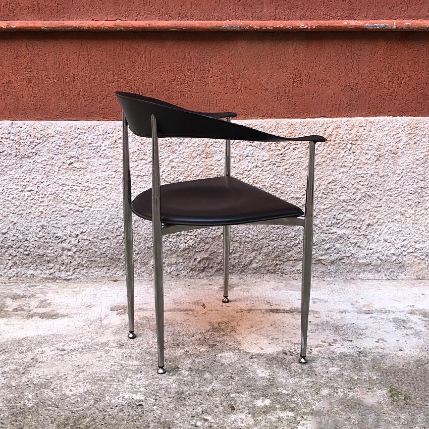 Post-Modern Italian Black Leather and Chromed Steel Chair, 1970s For Sale