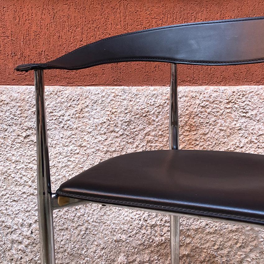 Late 20th Century Italian Black Leather and Chromed Steel Chair, 1970s For Sale