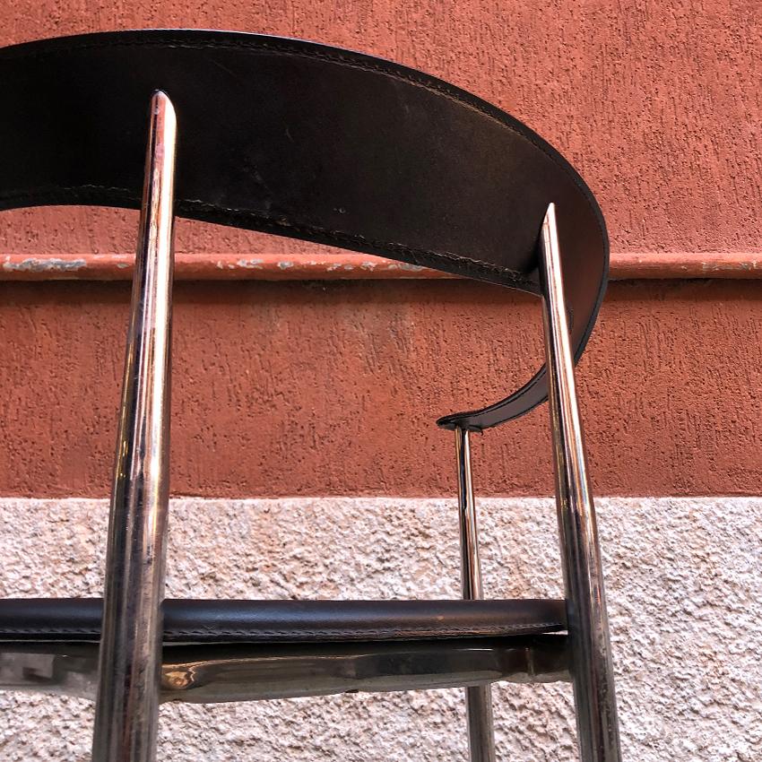 Italian Black Leather and Chromed Steel Chair, 1970s For Sale 1