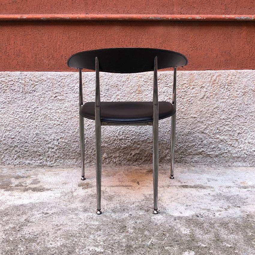 Silla italiana de cuero negro y acero cromado, años 70 Acero