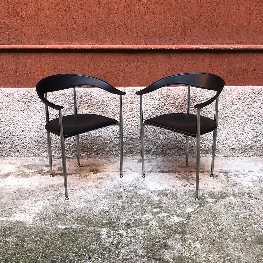 Post-Modern Italian Black Leather and Chromed Steel Chairs, 1970s For Sale