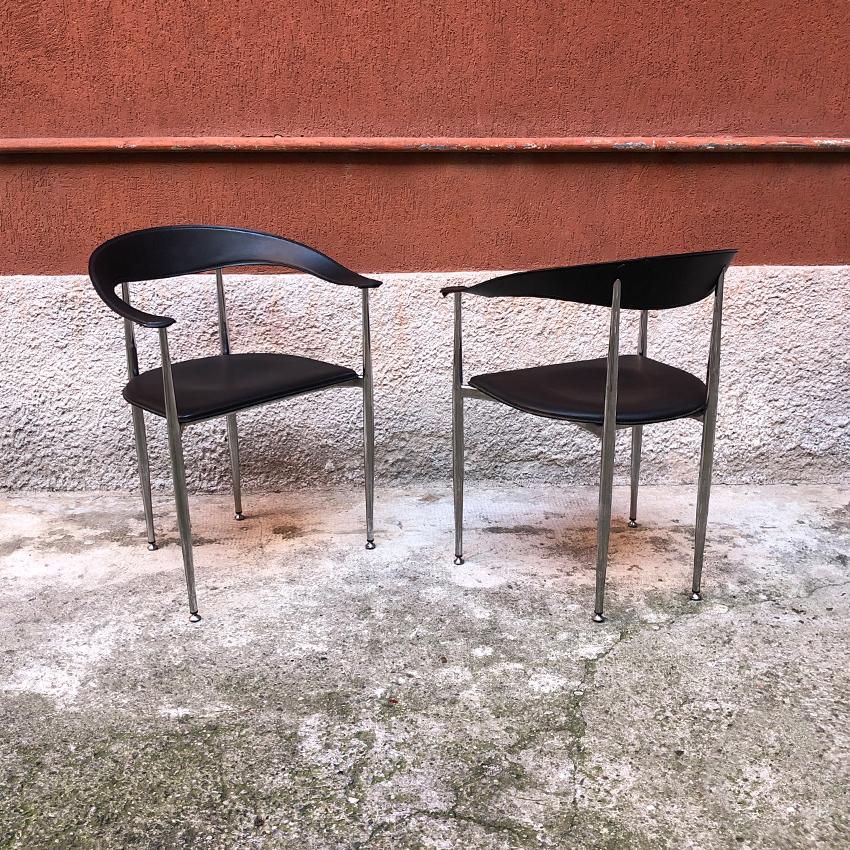 Late 20th Century Italian Black Leather and Chromed Steel Chairs, 1970s