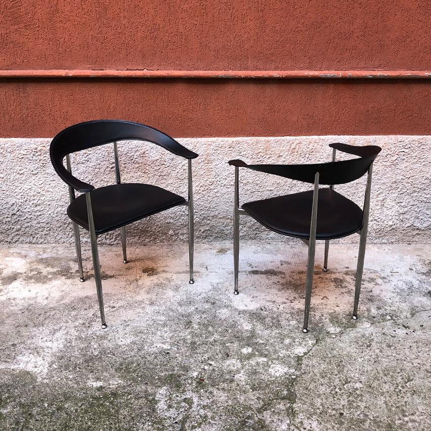 Italian Black Leather and Chromed Steel Chairs, 1970s 2