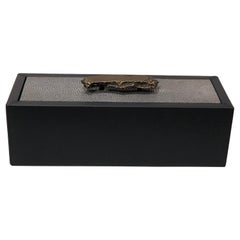 Italian Black Leather and Gray Shagreen Box with Abstract Bronze Handle