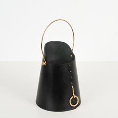 Italian Black Leather & Brass Decorative Coal Bucket or Waste Bin, 1950s