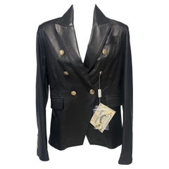 Italian Black Leather Double-Breasted Blazer with Gold Crest Buttons