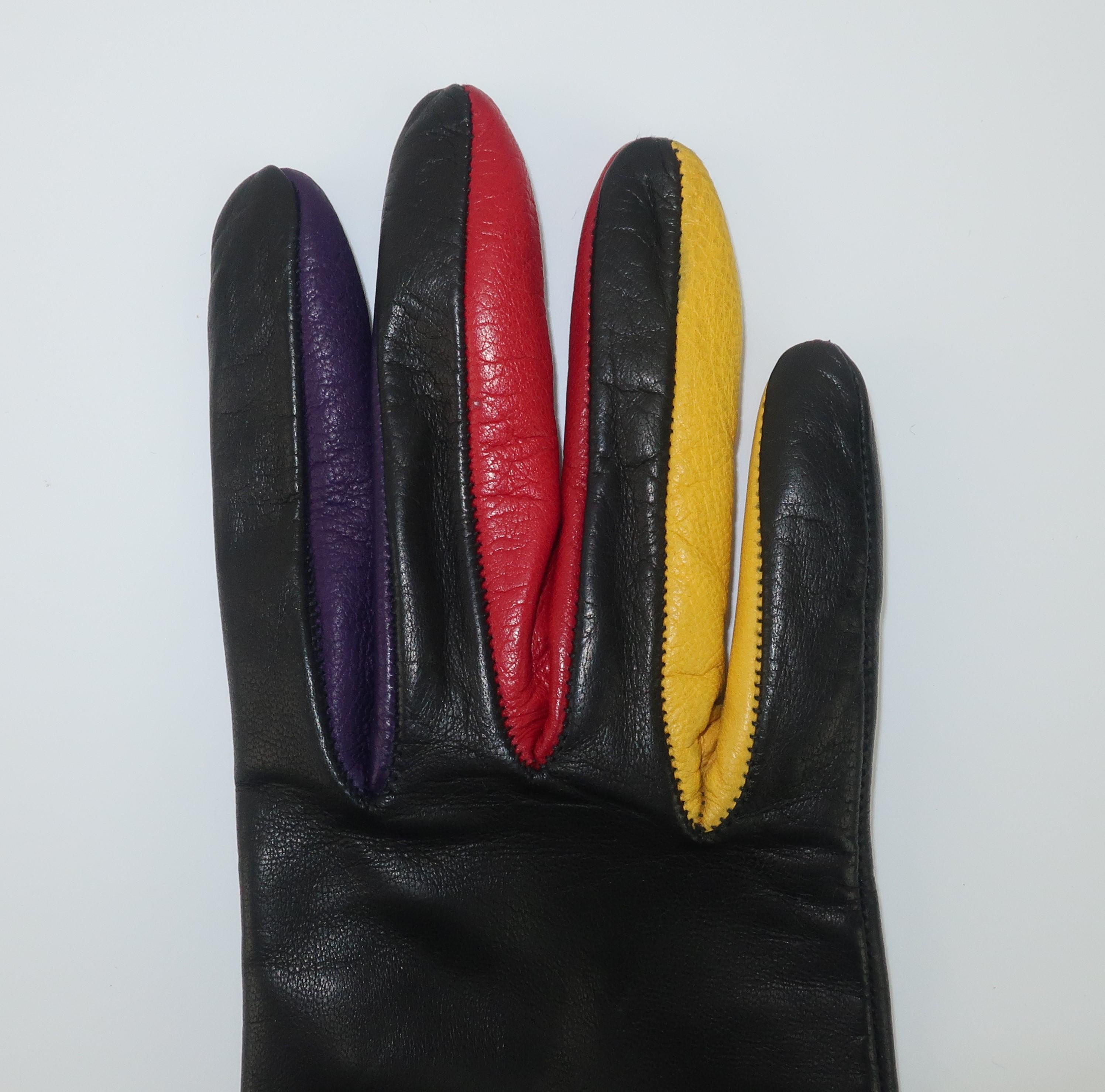 Italian Black Leather Gloves With Multi Color Accents In Good Condition In Atlanta, GA