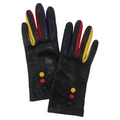 Vintage Italian Black Leather Gloves With Multi Color Accents