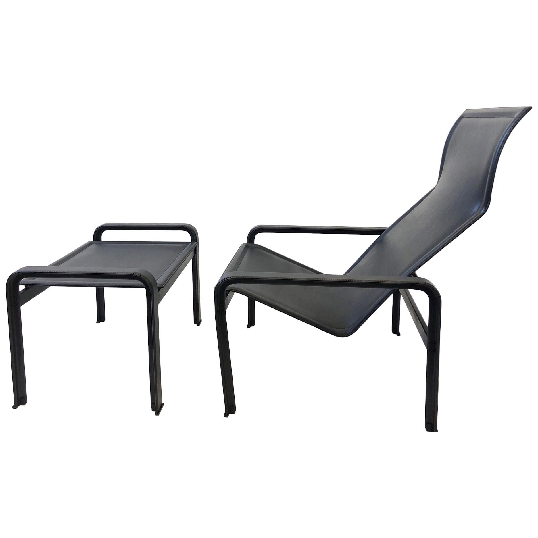 Italian Black Leather Lounge Chair and Ottoman by Matteo Grassi For Sale