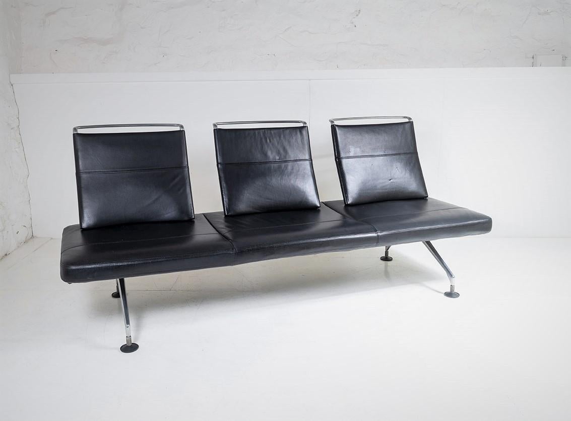A stylish modernist three seater lounge area seating by architect and Italian designer Antonio Citterio for VITRA.  A statement piece, in Black leather with contrasting aluminium spider frame.
Extremely well made, the seat frame is constructed from