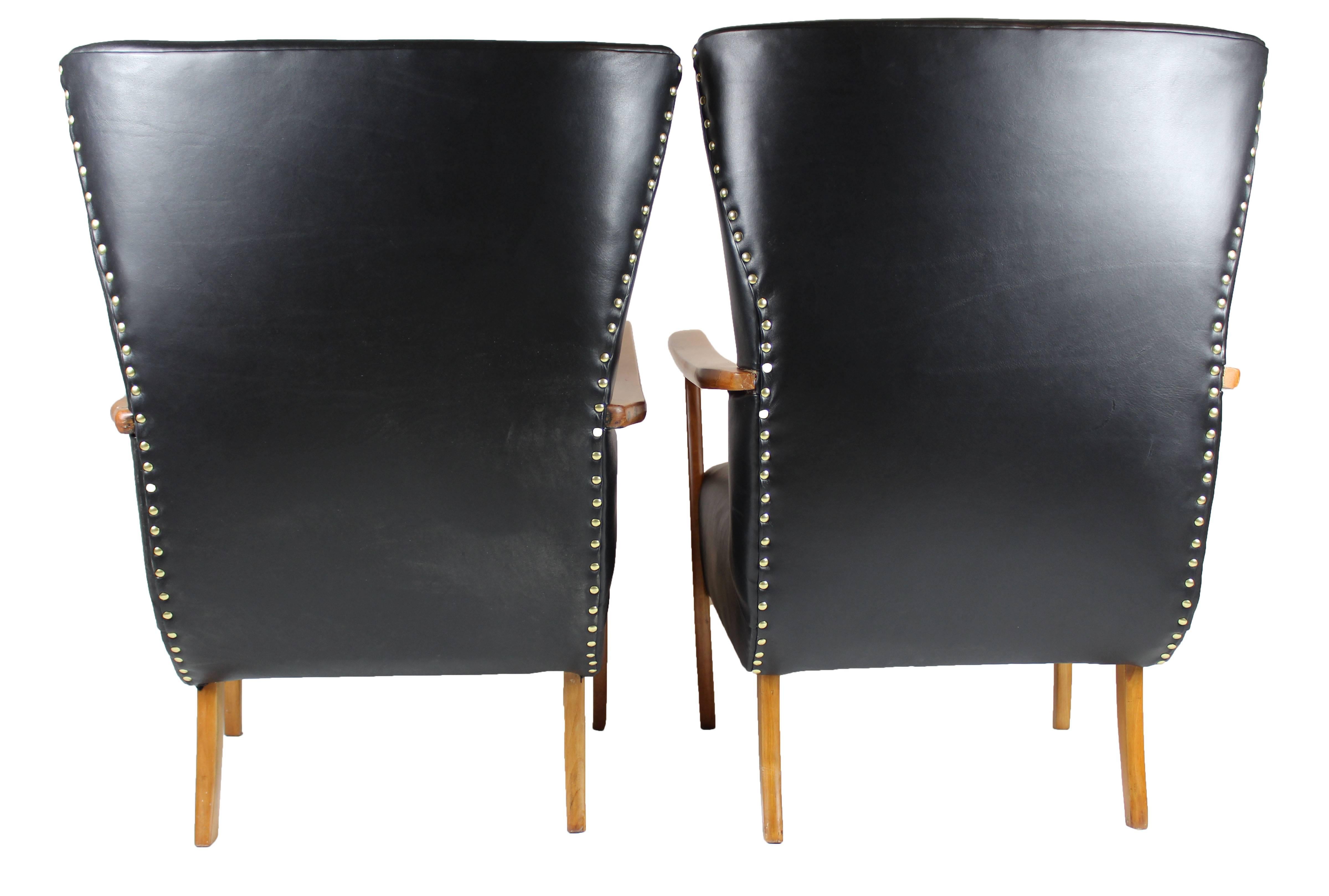 Mid-20th Century Italian Black Leather Pair of Armchairs, 1950s For Sale