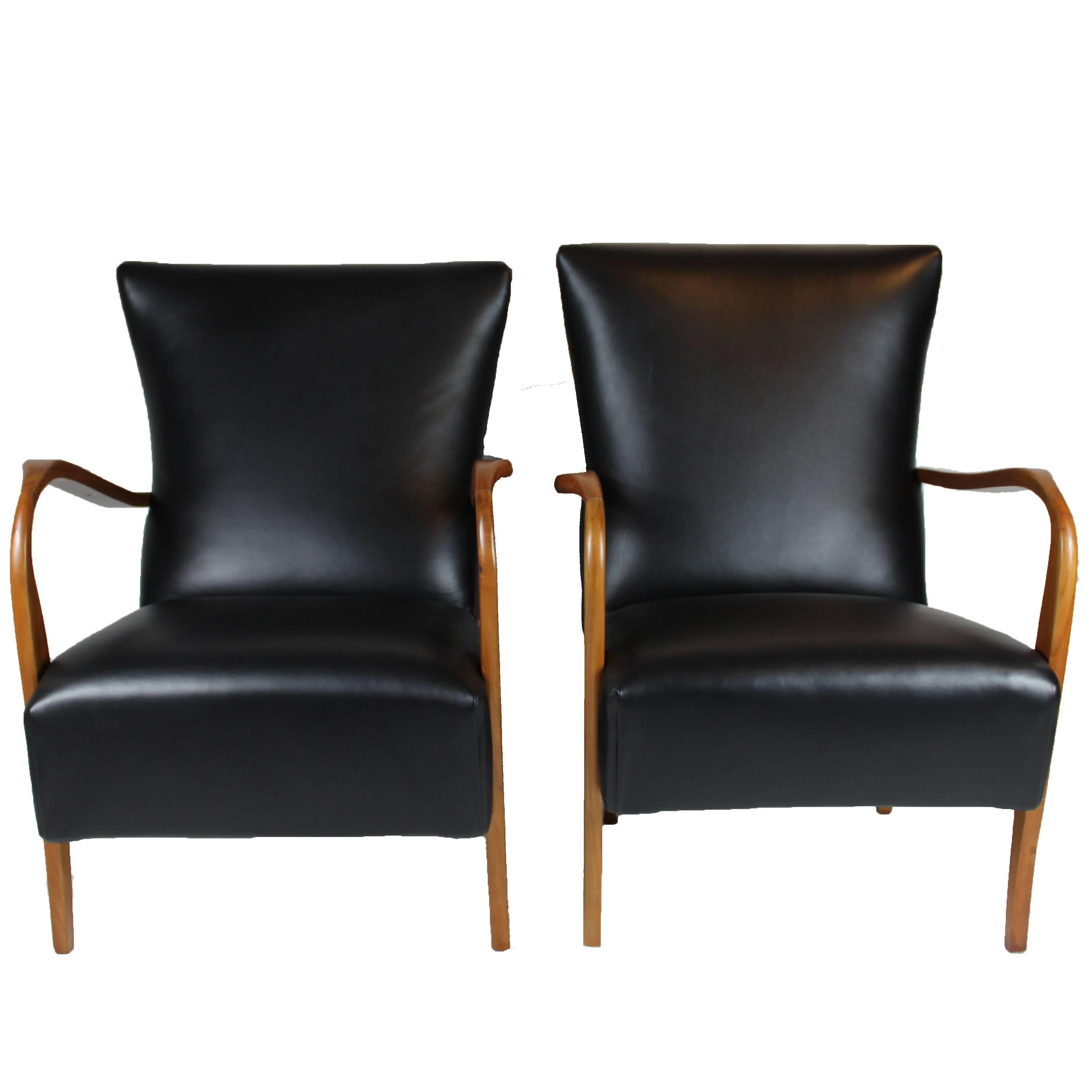 Italian Black Leather Pair of Armchairs, 1950s For Sale