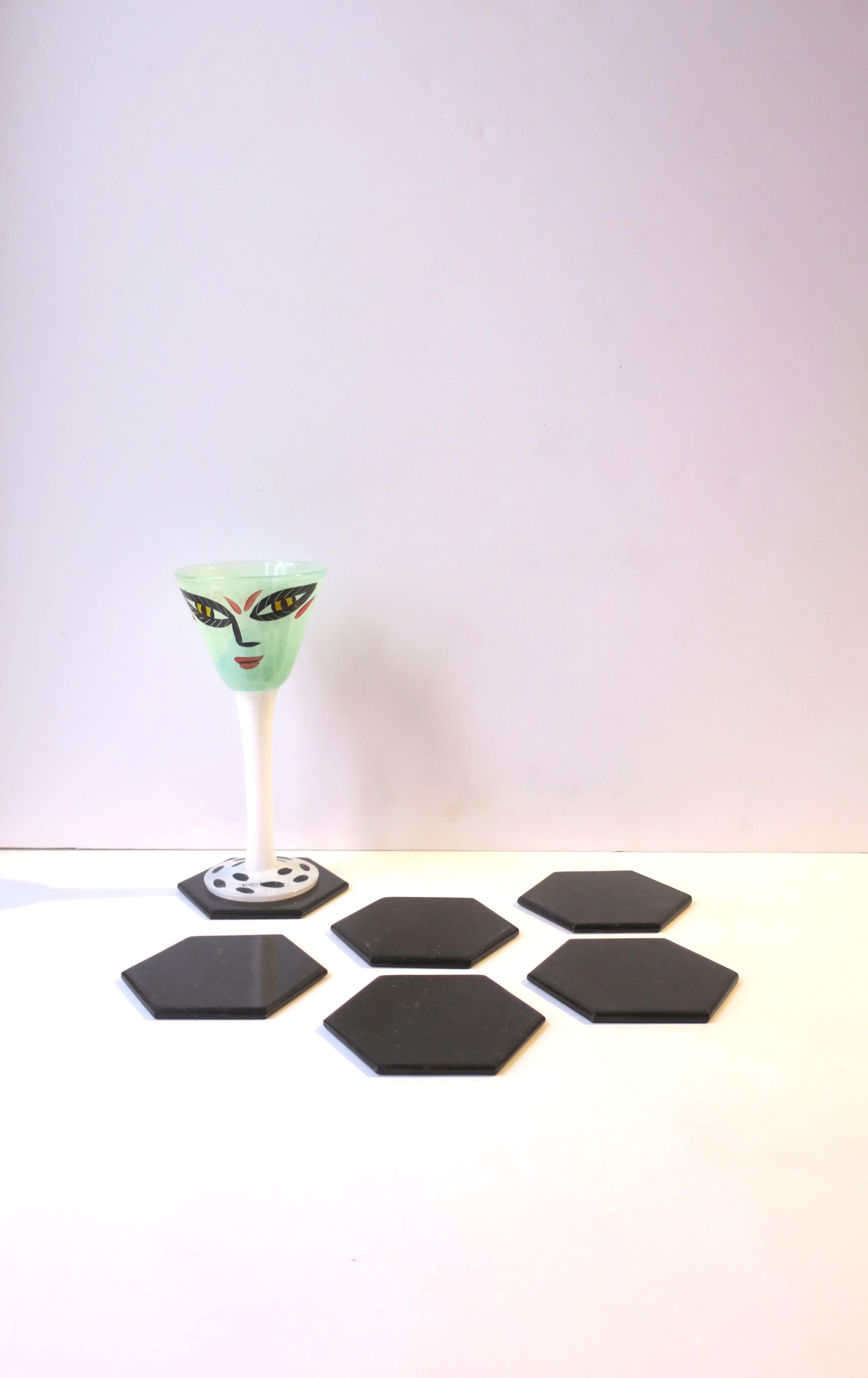 Polished Italian Black Marble Cocktail Drink Coasters with Holder, circa 1970s, Set of 6 For Sale