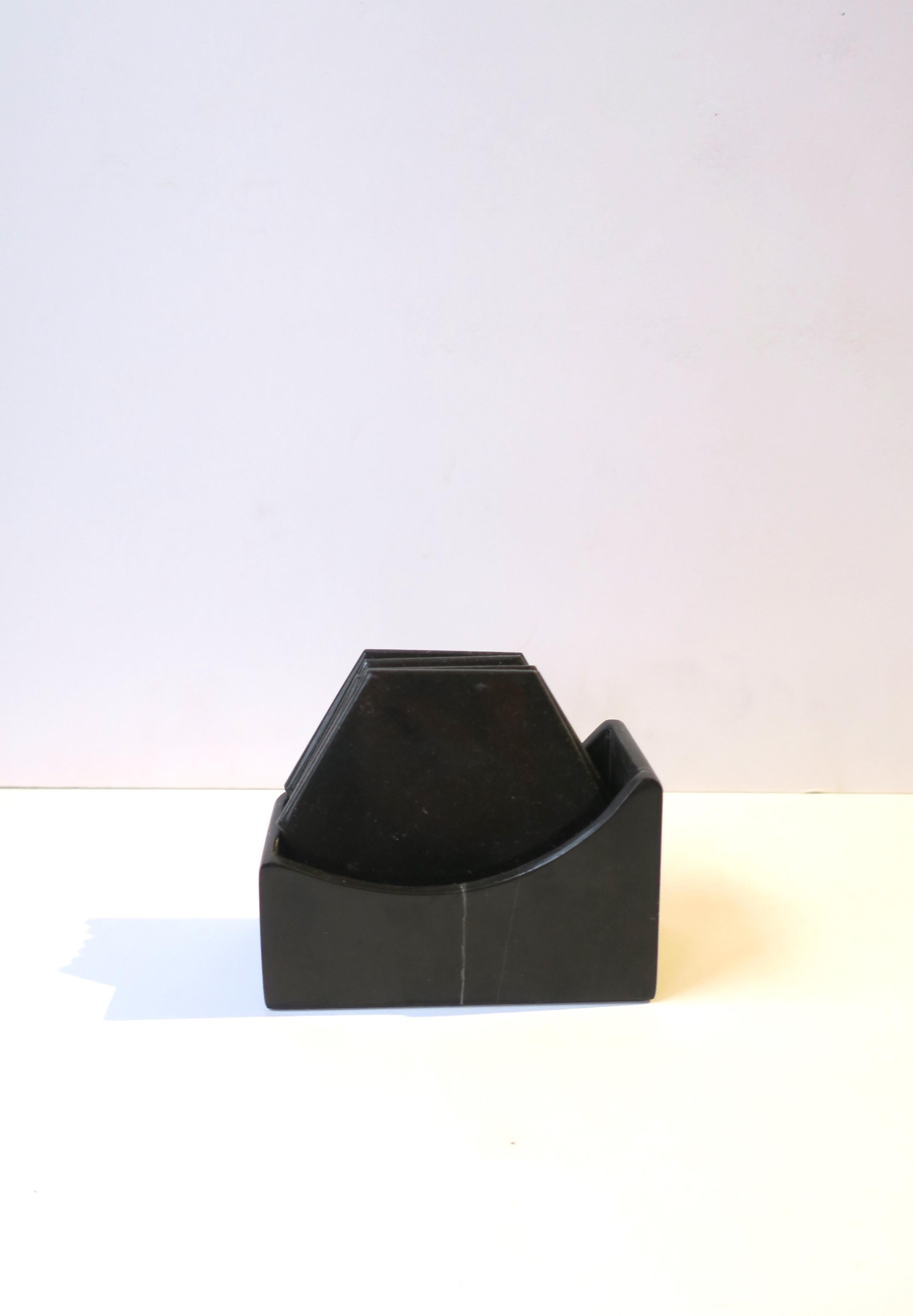 Late 20th Century Italian Black Marble Cocktail Drink Coasters with Holder, circa 1970s, Set of 6 For Sale