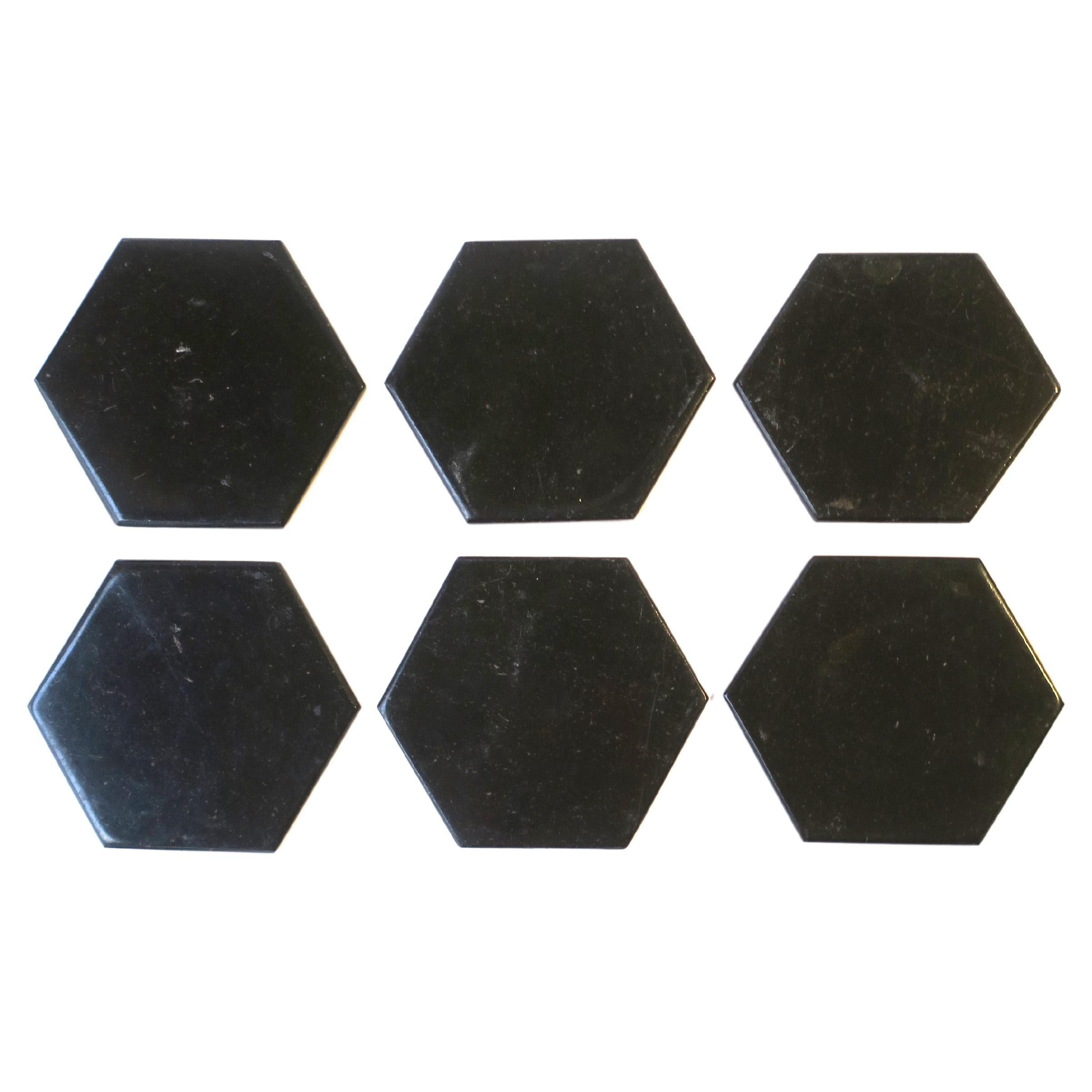 Italian Black Marble Cocktail Drink Coasters with Holder, circa 1970s, Set of 6 For Sale