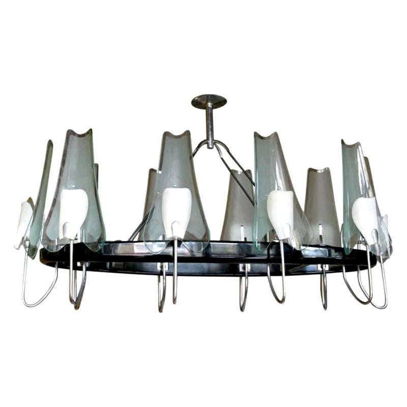 Italienischer ovaler Kronleuchter aus schwarzem Metall, Chrom und Glas von Stilnovo, 1950er Jahre im Angebot