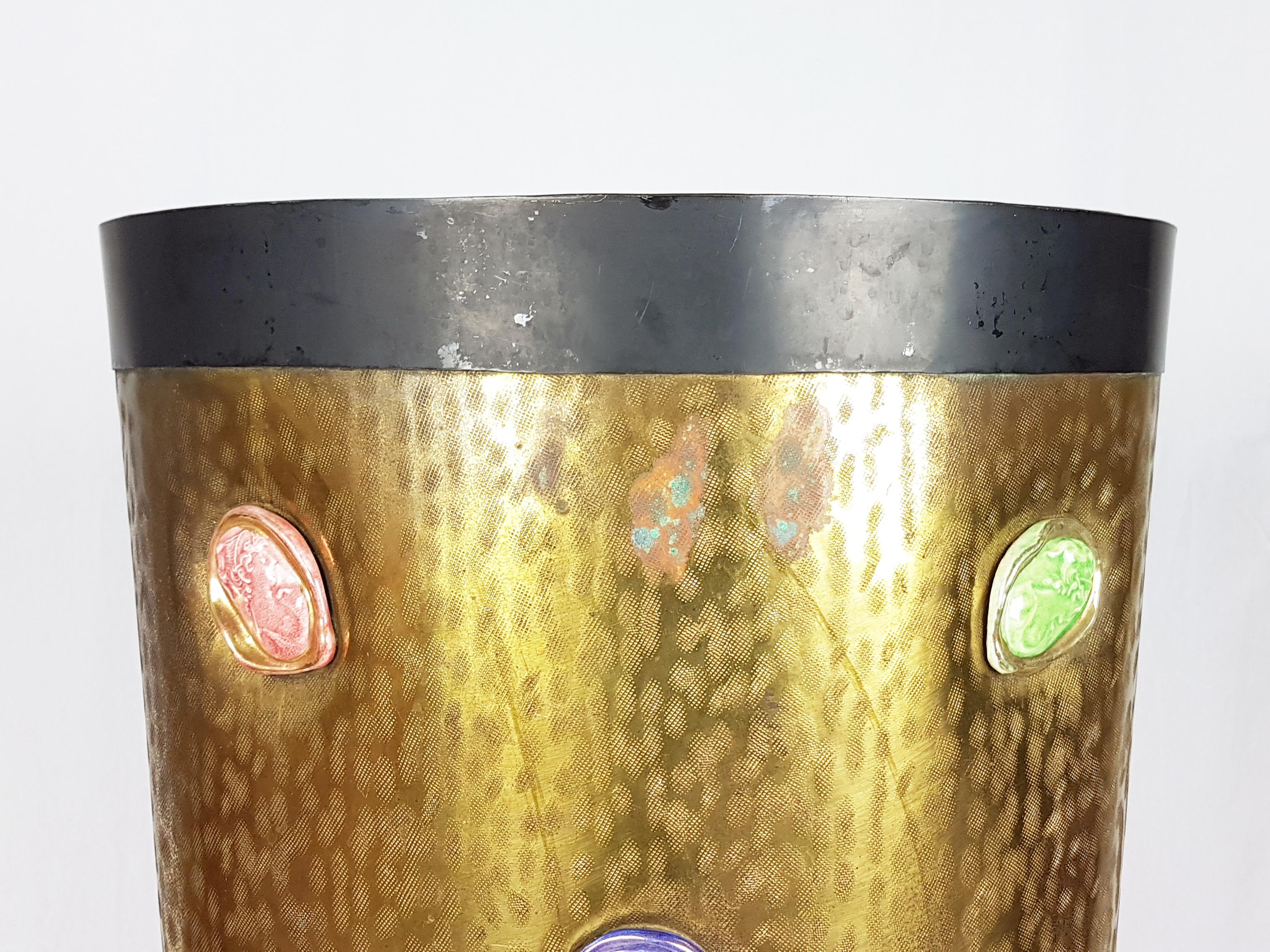 Mid-Century Modern Italian Black Metal, Engraved Brass & Multicolored Ceramic 1950s Umbrella Stand For Sale