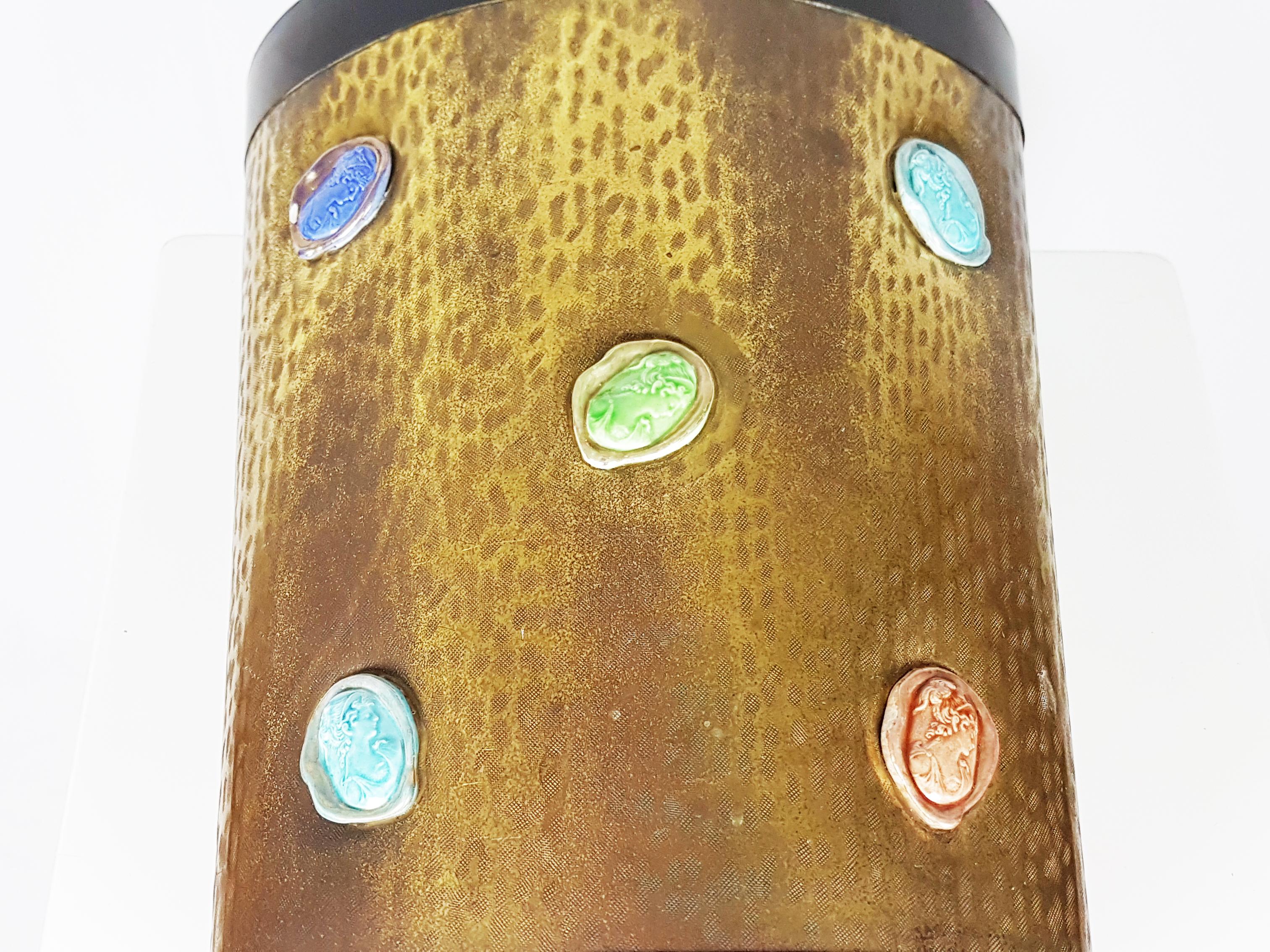 Mid-20th Century Italian Black Metal, Engraved Brass & Multicolored Ceramic 1950s Umbrella Stand For Sale